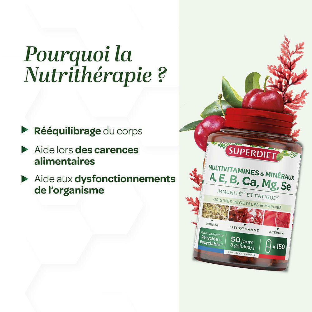 Flacon à bouchon rouge. Texte: SUPERDIET Multivitamines & Minéraux. Informations complémentaires et avantages de la nutrithérapie.