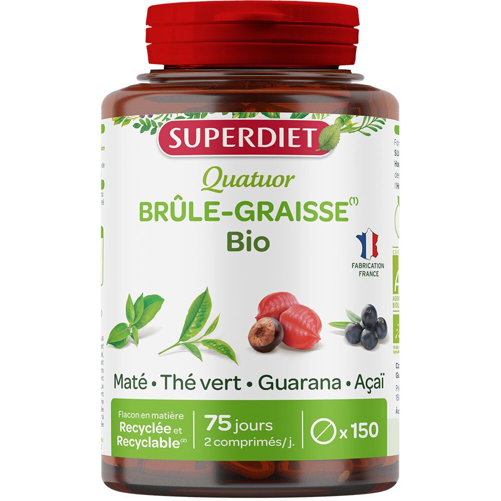 Flacon brun, bouchon rouge. SUPER DIET Quatuor BRÛLE-GRAISSE Bio. Ingrédients : Maté, Thé vert, Guarana, Açaï. 150 comprimés.