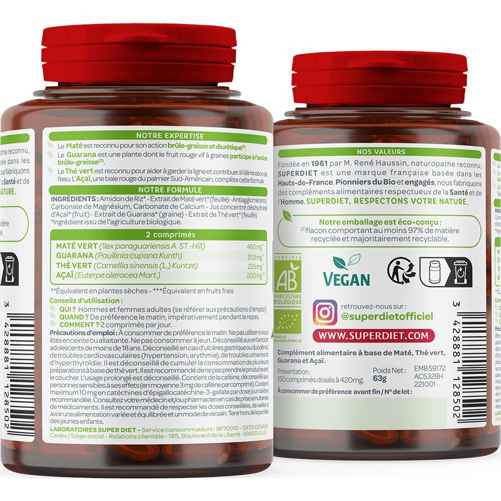 Dos du flacon. Liste des ingrédients, posologie, conseils. SUPER DIET. Logo Vegan. Logo recyclage.