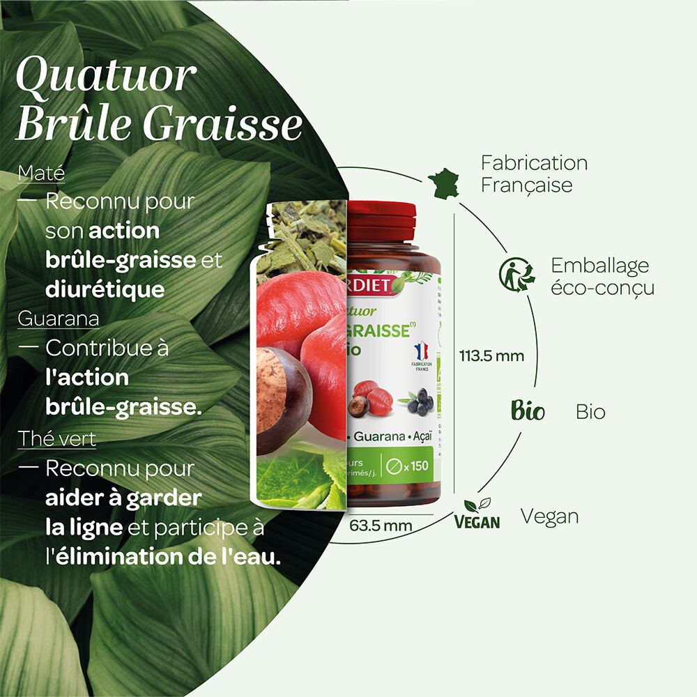 Graphique avec flacon et ingrédients. SUPER DIET Quatuor BRÛLE-GRAISSE Bio. Dimensions : 113,5 x 63,5 mm. Logo Vegan.