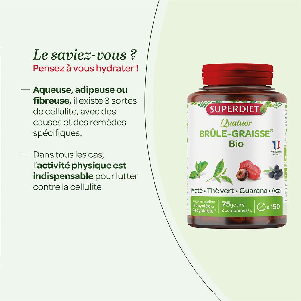 Flacon SUPER DIET Quatuor BRÛLE-GRAISSE Bio. Texte sur la cellulite et l'hydratation. 150 comprimés.