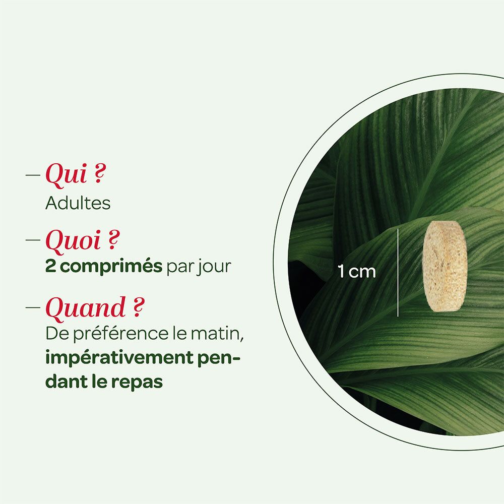 Comprimé sur feuille. 2 comprimés par jour. Prise le matin, avant le repas. 1 cm.