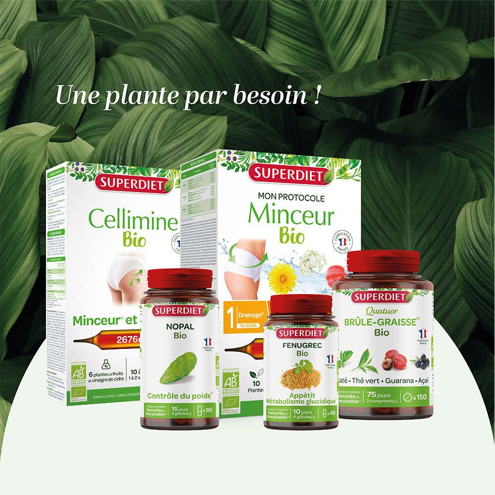 Plusieurs produits SUPER DIET. Cellimine Bio, Minceur Bio, Nopal Bio, Fenugrec Bio, BRÛLE-GRAISSE Bio.