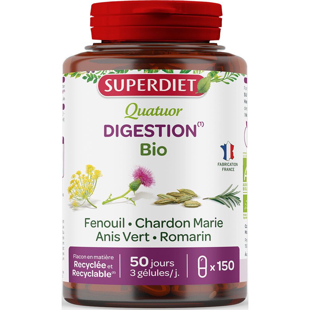 Braune Flasche mit rotem Deckel. Aufschrift: SUPERDIET Quatuor Digestion Bio. Enthält 150 Kapseln.