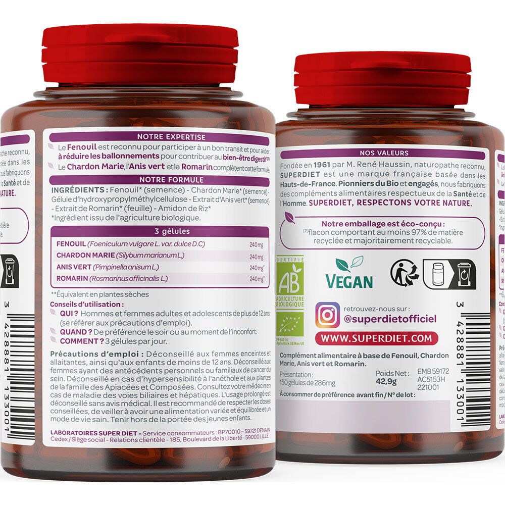 Rückseite der Flasche. Text: Inhaltsstoffe, Gebrauchsanweisung. Vegan-Logo. AB-Zertifizierung. SUPERDIET-Logo.