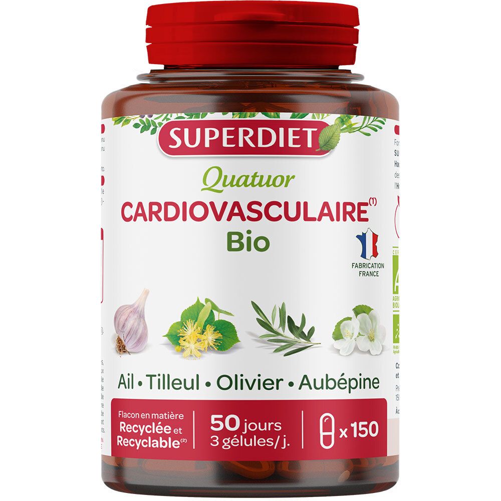 Flacon brun, bouchon rouge. Inscription: SUPERDIET Quatuor Cardiovasculaire Bio. 150 gélules.