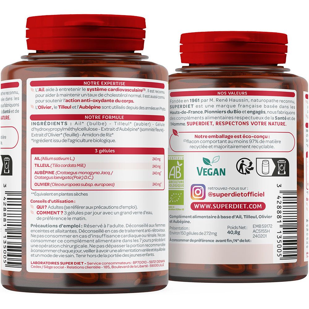Dos du flacon. Liste des ingrédients, informations nutritionnelles, informations fabricant. Labels Vegan et Bio.
