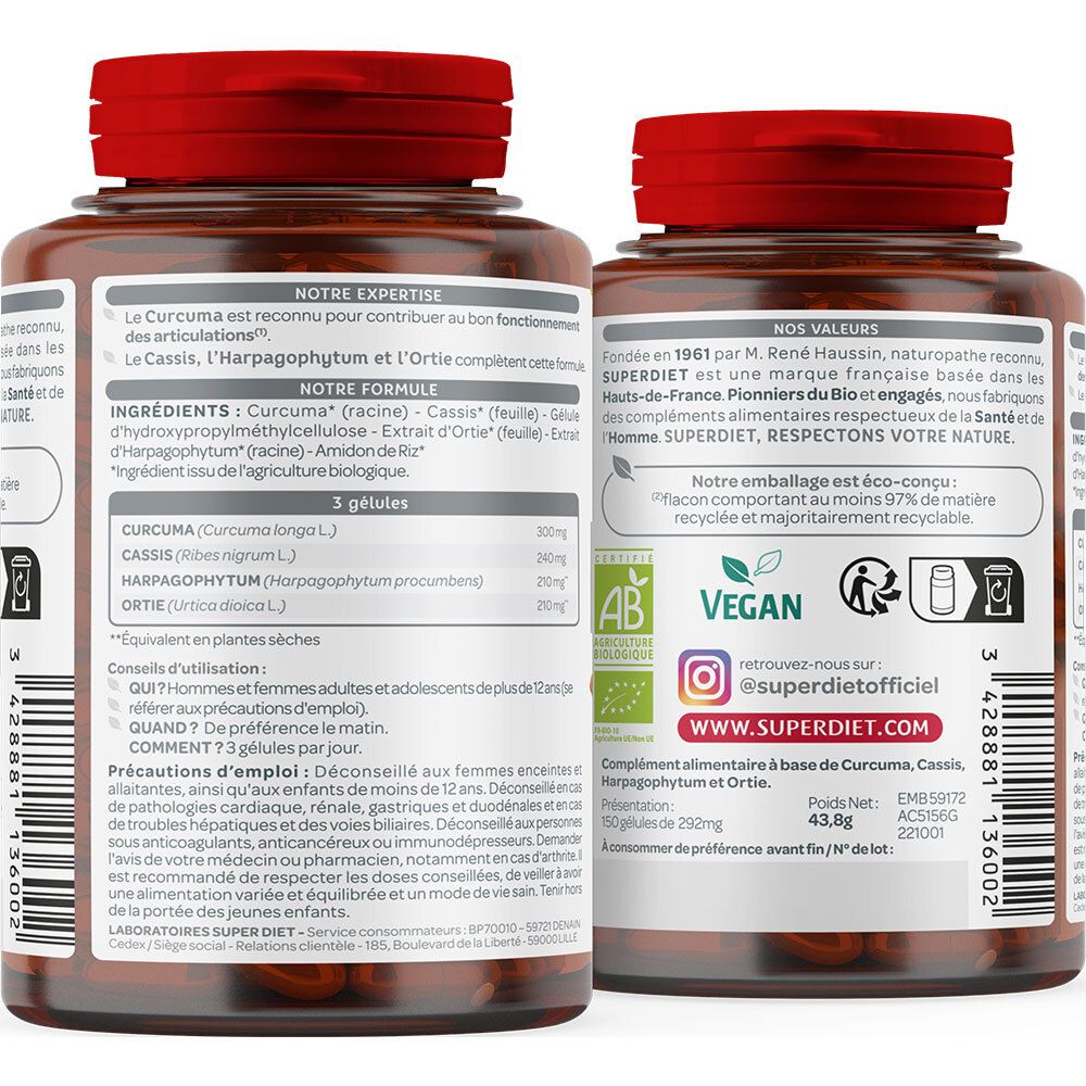 Dos du flacon. Texte sur les ingrédients, l'utilisation et les valeurs nutritionnelles. Logo Vegan et certification AB. Symbole de recyclage.