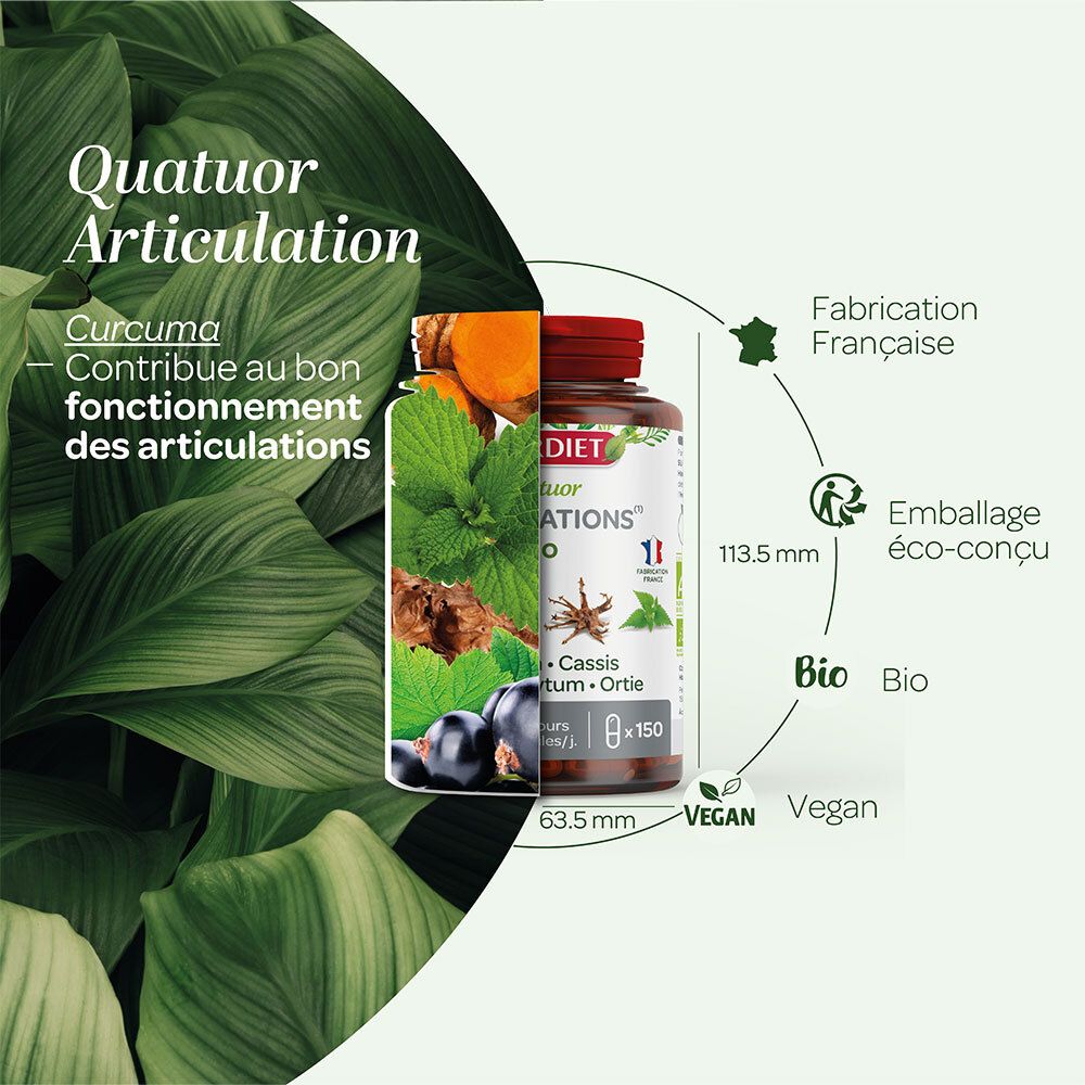 Graphique avec flacon et ingrédients. Texte: Quatuor Articulation. Curcuma. Logo Vegan. Dimensions: 63,5 x 113,5 mm.