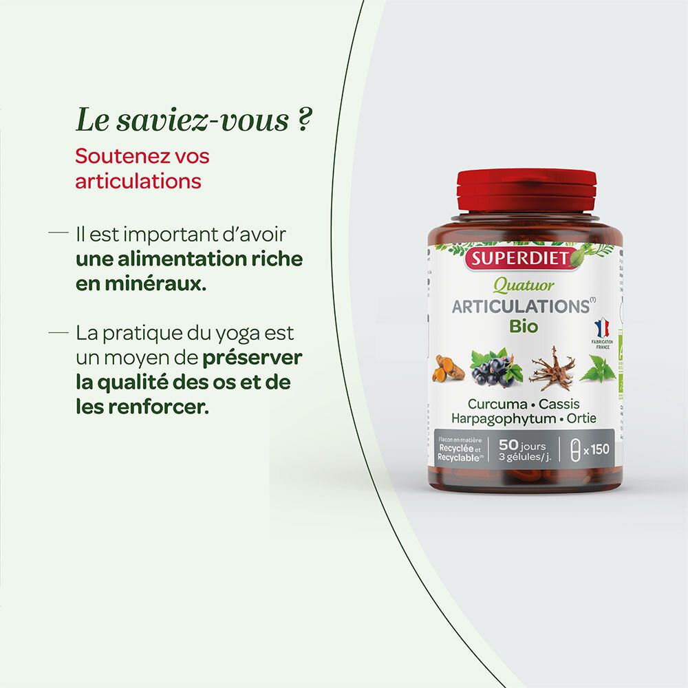 Texte: Sostenete vos articolazioni. Recommandations pour l'alimentation et le yoga. Flacon avec produit. Texte: SUPERDIET ARTICULATIONS Bio.