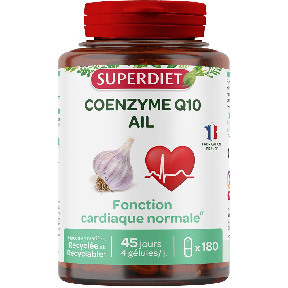SUPERDIET Coenzyme Q10 + Ail. Bouteille marron, bouchon rouge. Contient 180 gélules. Avec symbole d'ail et de cœur.