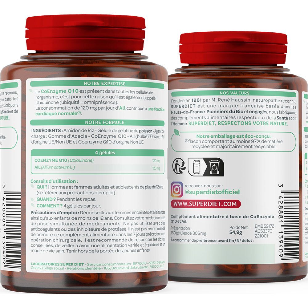 Dos de la bouteille SUPERDIET Coenzyme Q10 + Ail. Informations sur les ingrédients et l'utilisation. Avec code QR.