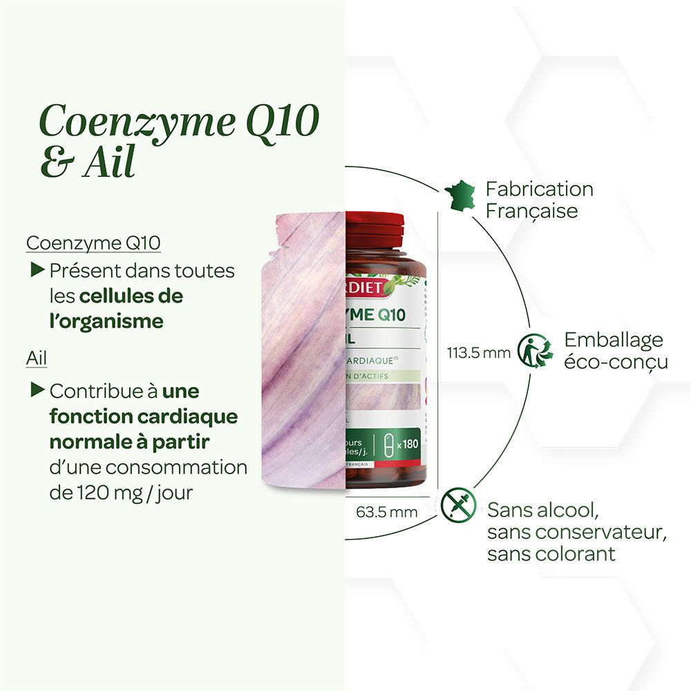 Présentation graphique de SUPERDIET Coenzyme Q10 + Ail. Informations produit et dimensions. Avec symboles de qualité.