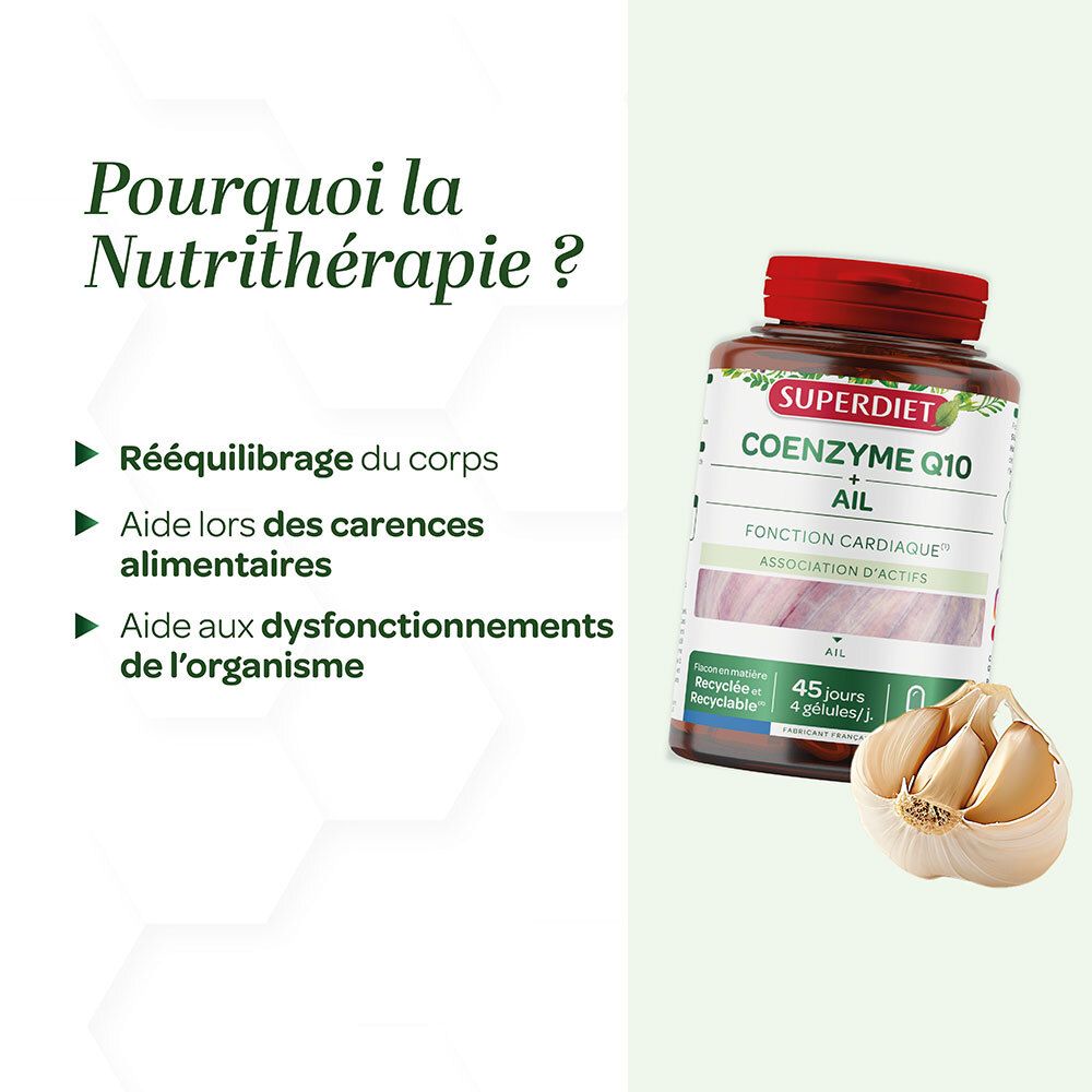 Bouteille SUPERDIET Coenzyme Q10 + Ail à côté de gousses d'ail. Texte sur les bienfaits de la nutrithérapie.