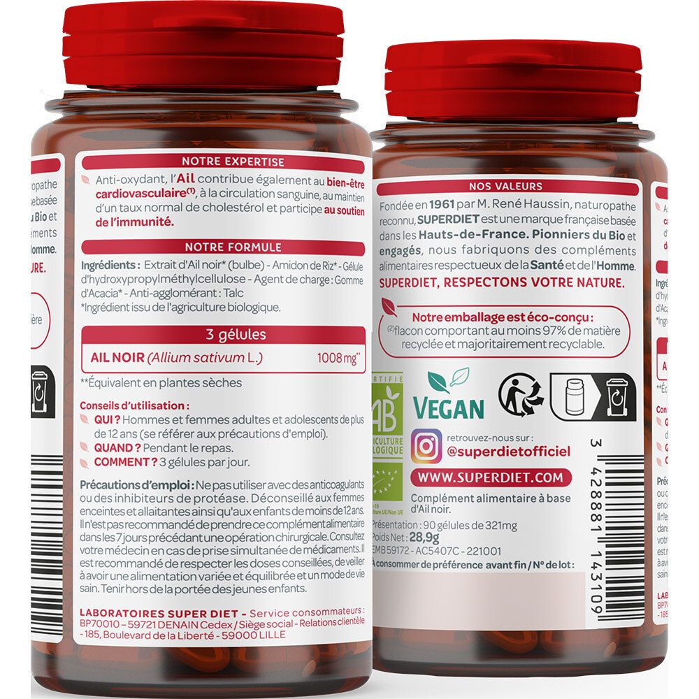 Rückseite der Flasche. Text über Inhaltsstoffe, Anwendung und Warnhinweise. Vegan-Logo. Informationen zu SUPERDIET.