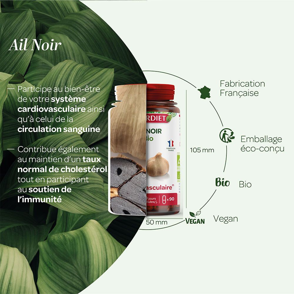 Grafik mit Flasche und Knoblauch. Text über die Vorteile für Herz-Kreislauf und Immunsystem. Bio- und Vegan-Logo.