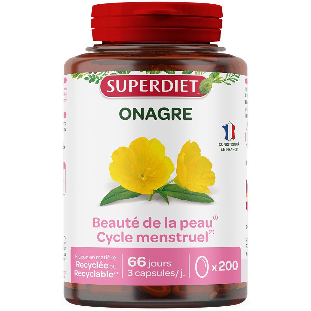 Braune Flasche mit rotem Deckel. Aufschrift: SUPERDIET ONAGRE. Enthält 200 Kapseln. Für Hautschönheit und Menstruationszyklus.