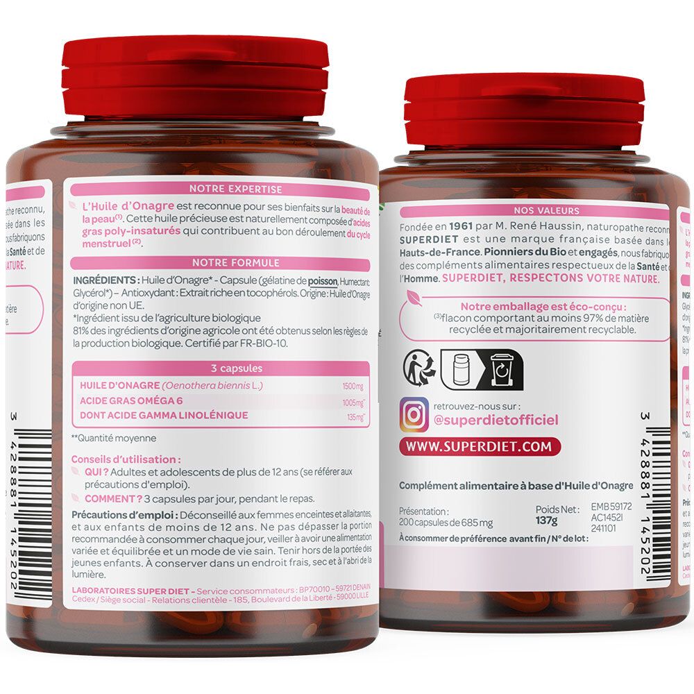 Rückseite der Flasche. Inhaltsstoffe, Anwendungshinweise und Herstellerinformationen. SUPERDIET ONAGRE. 200 Kapseln.