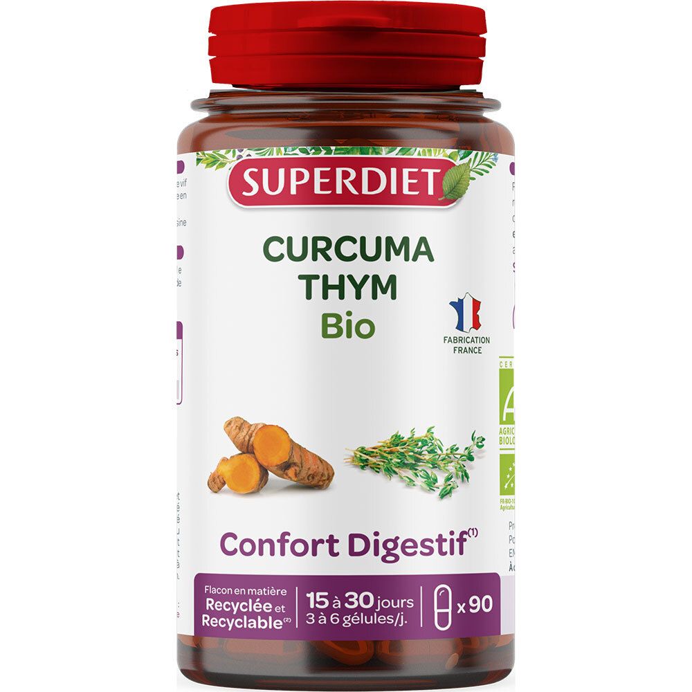 Flacon marron, bouchon rouge. Inscription: SUPERDIET, CURCUMA THYM Bio. 90 gélules. Certification Bio.