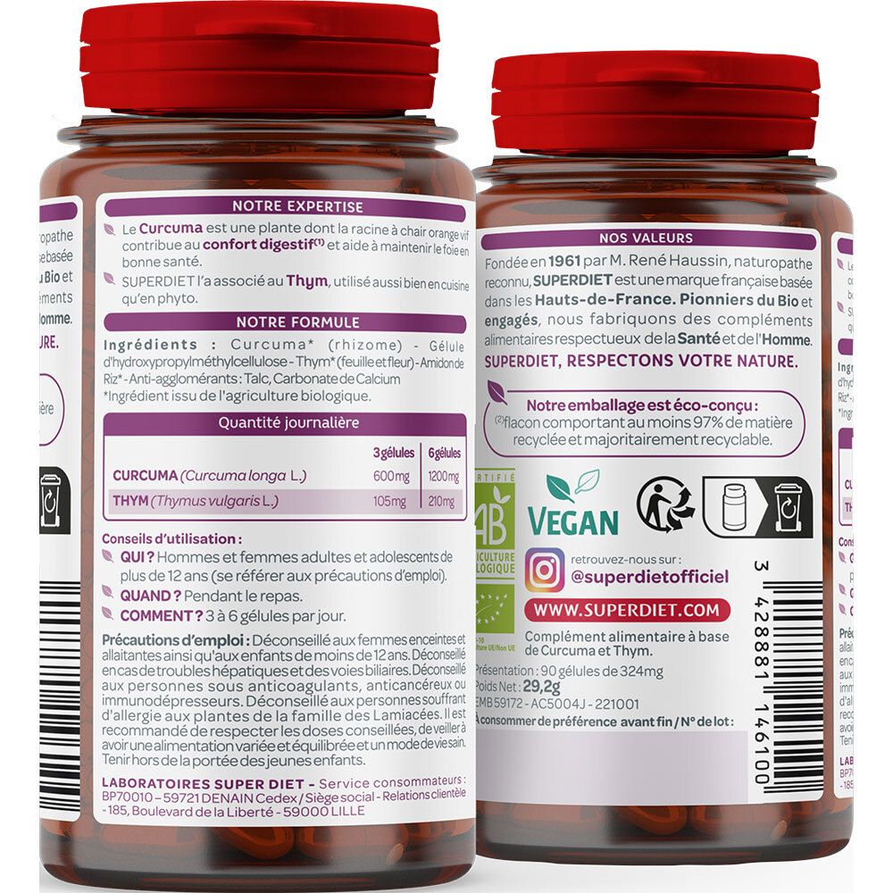 Dos du flacon. Texte: ingrédients, conseils d'utilisation, logo Vegan, certification Bio. 90 gélules.