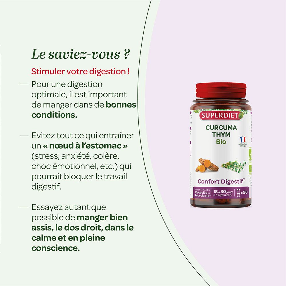 Texte avec questions sur la digestion. Flacon SUPERDIET CURCUMA THYM Bio. 90 gélules.