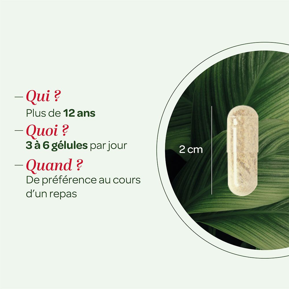 Gélule de 2 cm. Texte: 3 à 6 gélules par jour. Pour les plus de 12 ans.