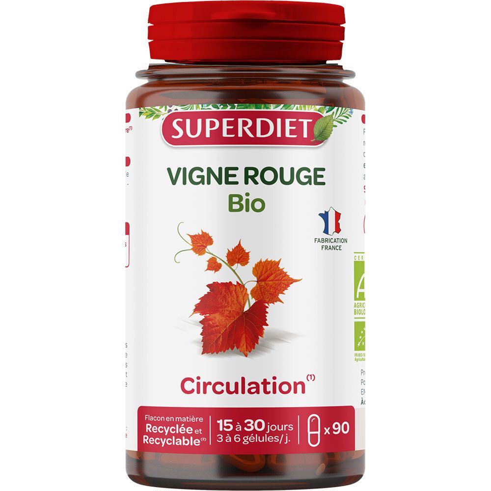 Flacon brun, bouchon rouge. Inscription SUPERDIET Vigne Rouge Bio. 90 gélules. Fabrication française.