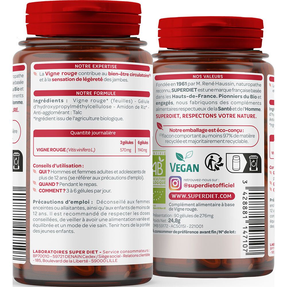 Dos du flacon. Ingrédients, posologie, avertissements. Logo Vegan, label Bio. Informations fabricant.