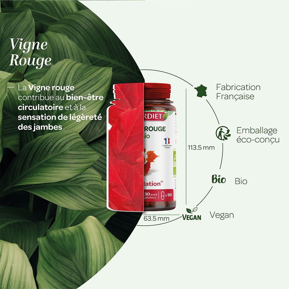 Image produit avec dimensions. Flacon SUPERDIET Vigne Rouge Bio. Fabrication française, Bio, Vegan.
