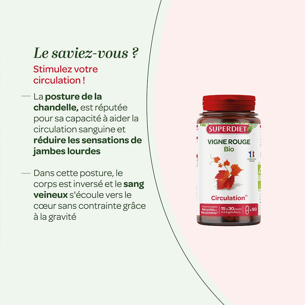 Image produit avec texte. SUPERDIET Vigne Rouge Bio. Informations d'utilisation. Flacon en arrière-plan.