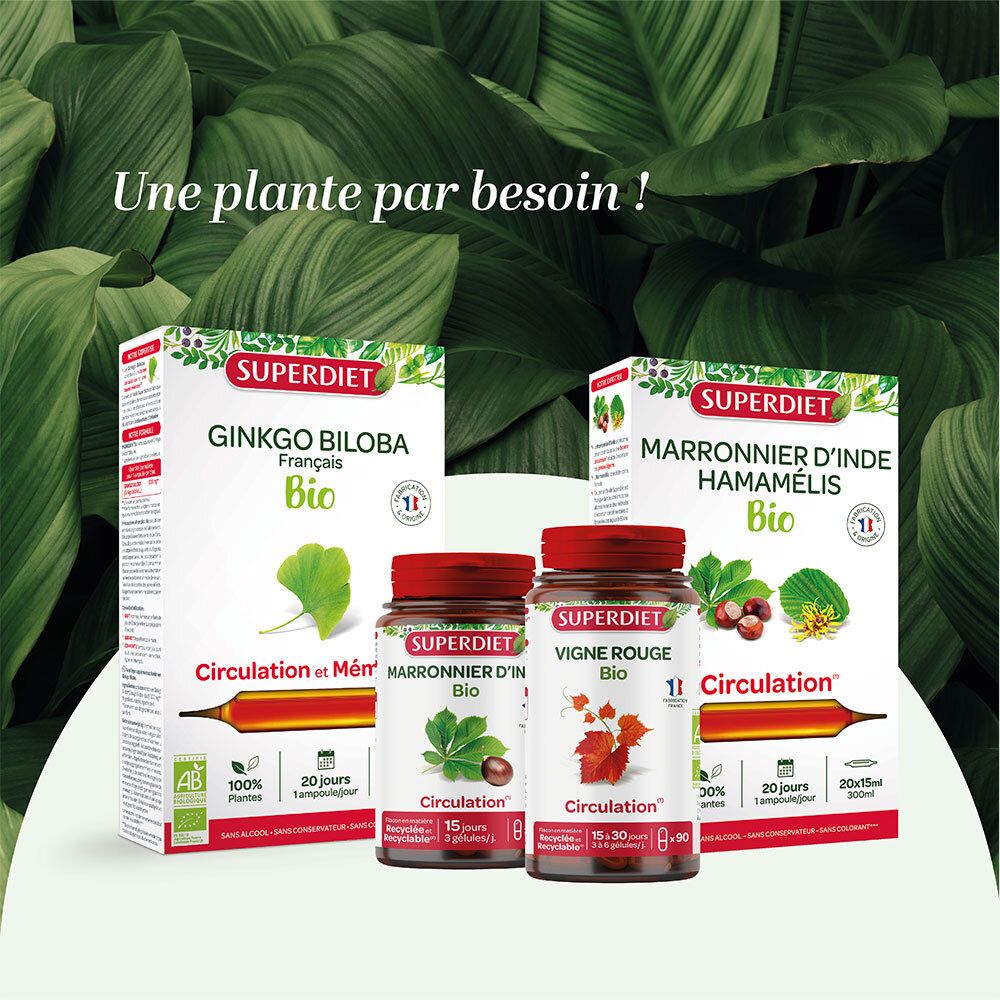 Trois produits côte à côte. SUPERDIET Ginkgo Biloba, Marronnier d'Inde Hamamélis et Vigne Rouge Bio.