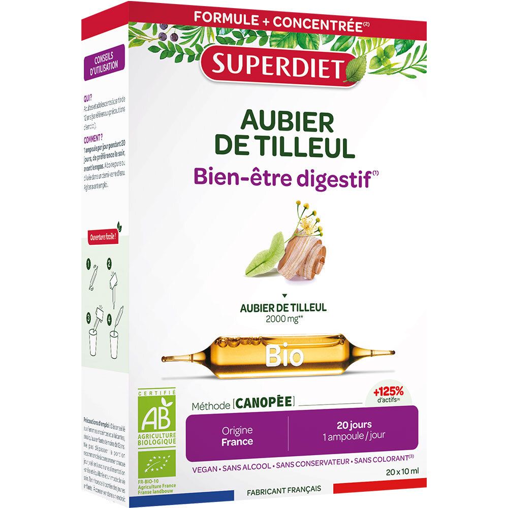 Schachtel mit SUPERDIET Splintholz-Fluidextrakt Ampulle. Aufschrift: Aubier de Tilleul, Bien-être digestif. Bio-Zertifizierung.