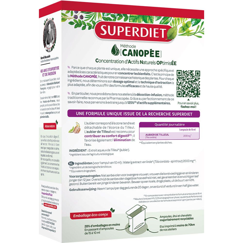 Rückseite der SUPERDIET-Schachtel. Text über die Methode CANOPÉE. QR-Code. Inhaltsstoffe. Öko-Verpackung. 20 Ampullen.