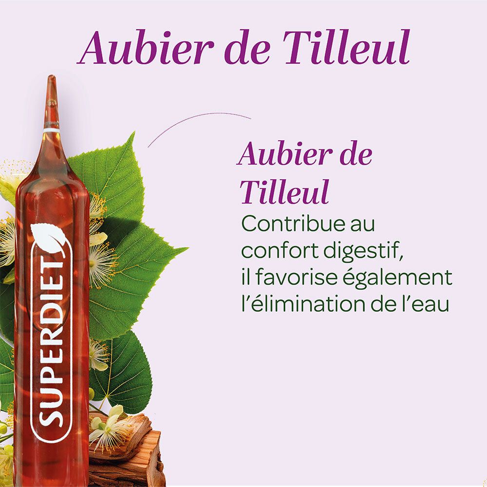 Ampulle mit SUPERDIET-Produkt. Text: Aubier de Tilleul. Fördert die Verdauung und die Wasserausscheidung.