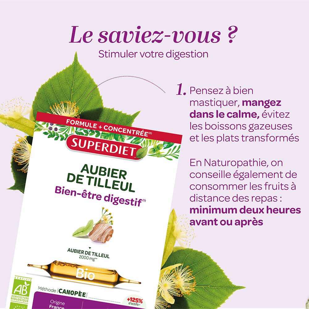 SUPERDIET-Produkt mit Aubier de Tilleul. Text: Fördert die Verdauung. Empfehlungen zur Ernährung.