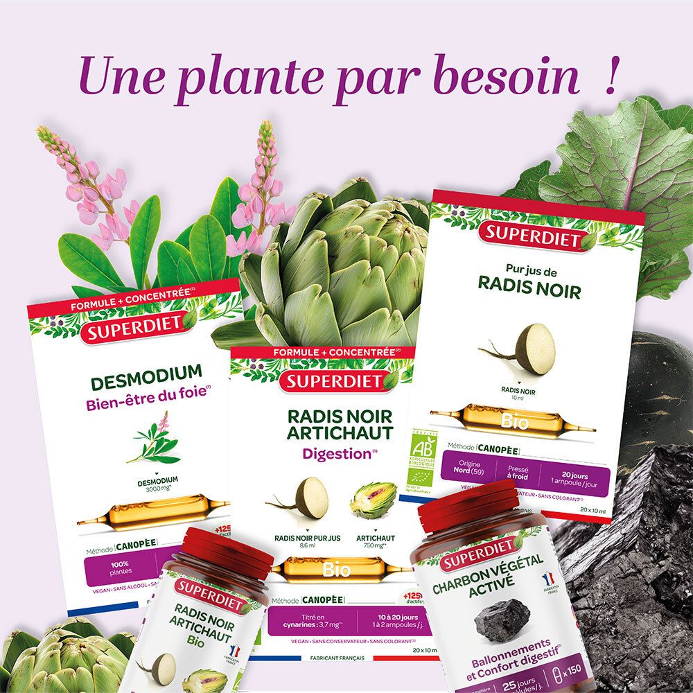 Mehrere SUPERDIET-Produkte. Verschiedene Verpackungen. Produkte für Leber, Verdauung und Aktivkohle.