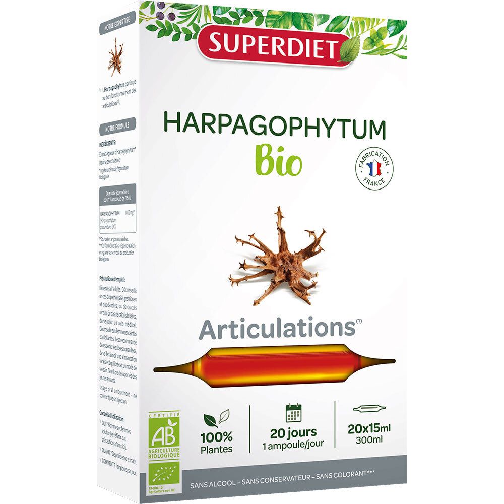 Boîte de SUPER DIET Harpagophytum Bio Articulations Ampoules. Contient 20 ampoules. Label Bio et indication d'origine française.