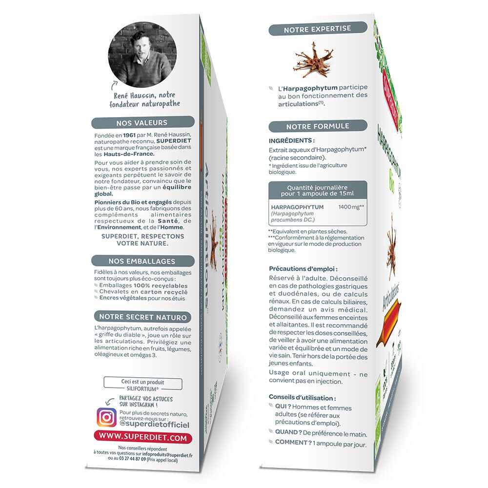 Dos de la boîte avec informations sur SUPER DIET Harpagophytum Bio Articulations Ampoules. Texte en français.