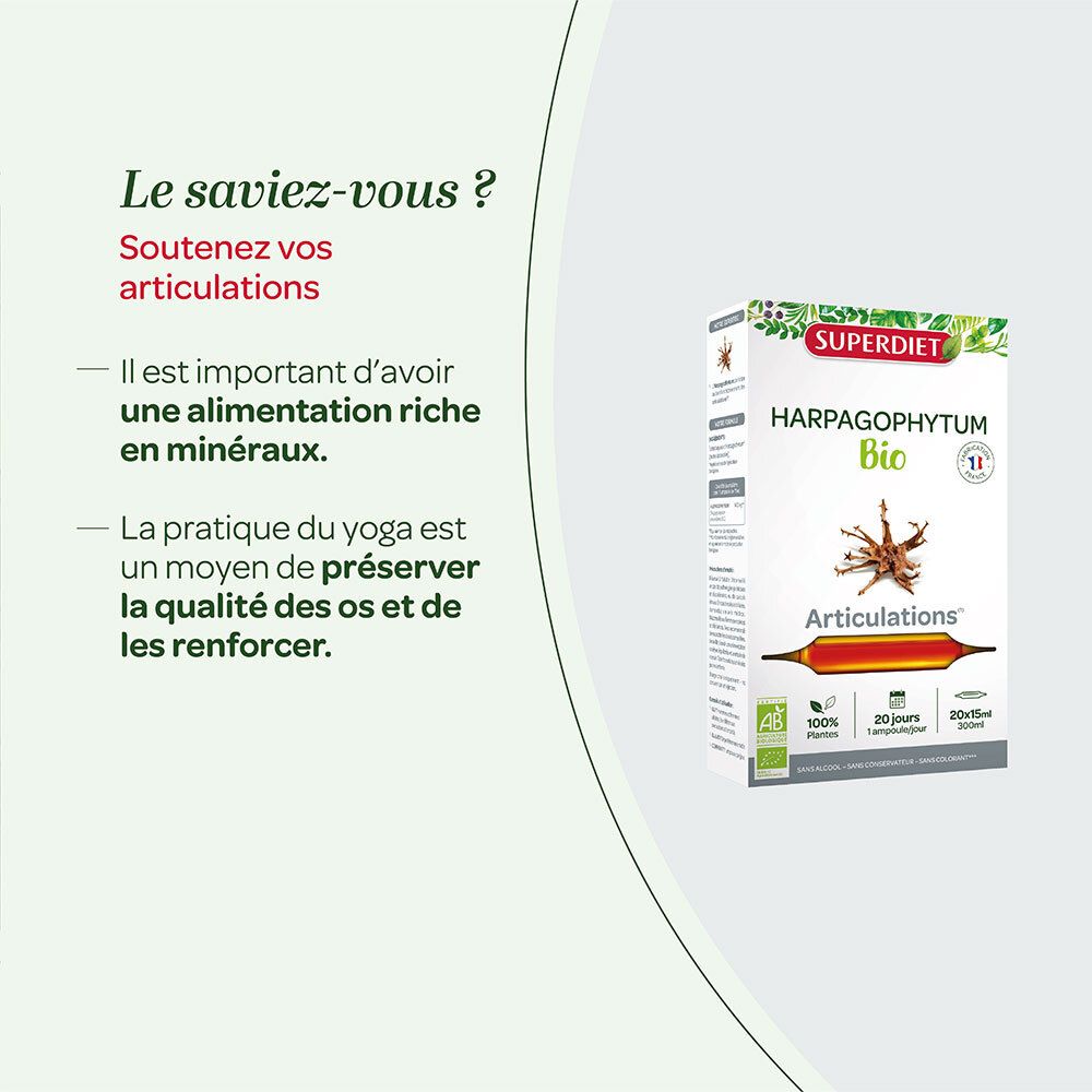 Emballage du produit SUPER DIET Harpagophytum Bio Articulations Ampoules à côté de texte. Texte en français.