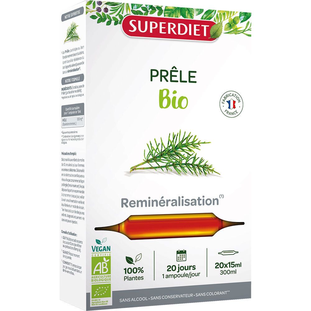 Boîte de SUPERDIET Prêle Bio. Carton blanc avec logo, nom du produit, illustrations et certifications. Contient 20 ampoules.