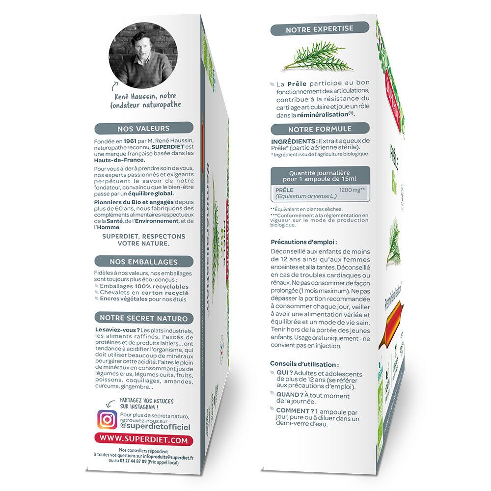Dos de la boîte SUPERDIET Prêle Bio. Texte sur les valeurs, l'expertise, les ingrédients, les conseils d'utilisation et les coordonnées.