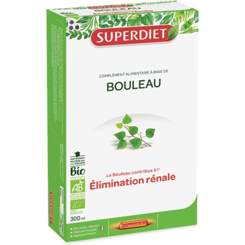 Boîte de SUPERDIET Bouleau. Design vert et blanc avec nom du produit et label Bio. Illustration de feuilles de bouleau.