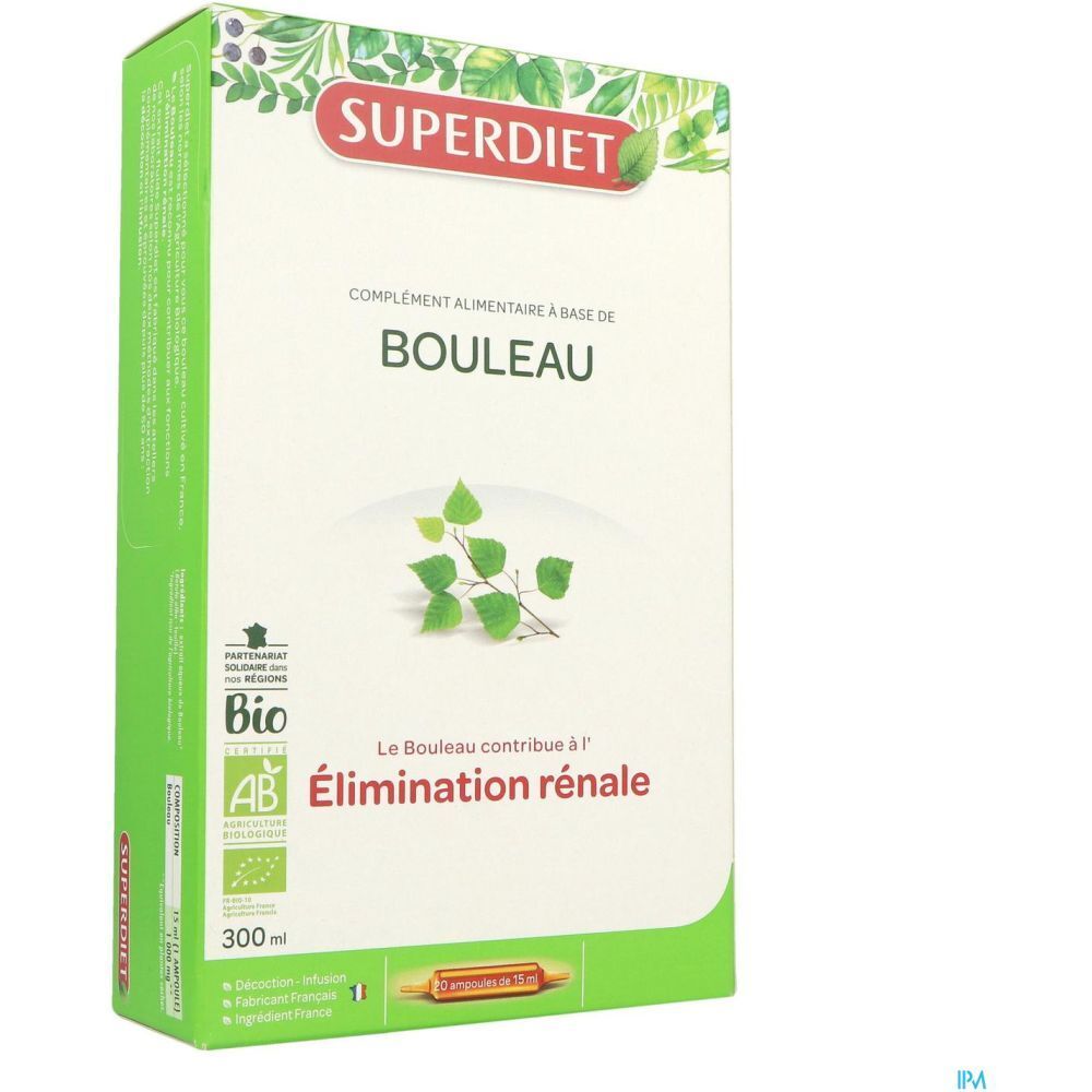 Boîte de SUPERDIET Bouleau. Design vert et blanc avec nom du produit et label Bio. Illustration de feuilles de bouleau.