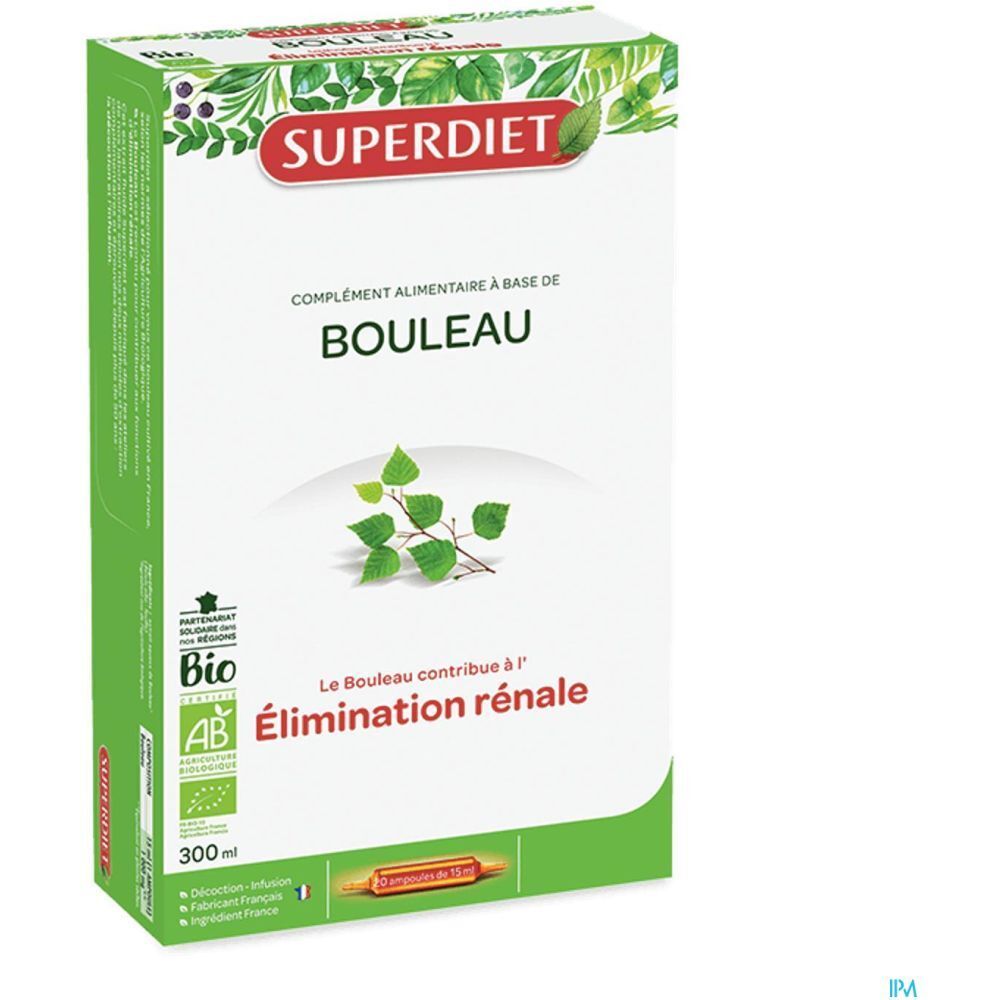 Boîte de SUPERDIET Bouleau. Design vert et blanc avec nom du produit et label Bio. Illustration de feuilles de bouleau.