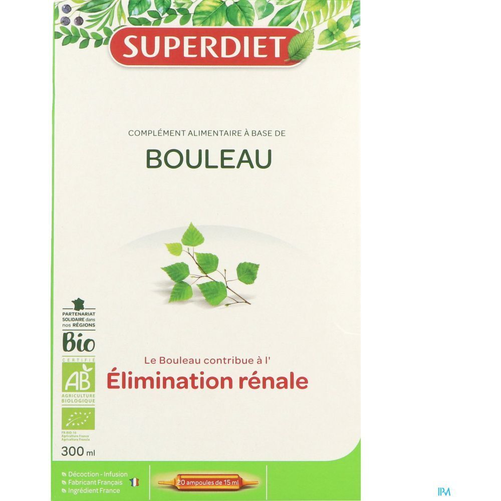Boîte de SUPERDIET Bouleau. Design vert et blanc avec nom du produit et label Bio. Illustration de feuilles de bouleau.