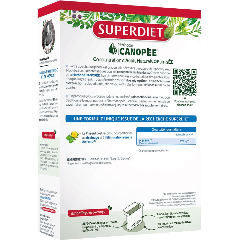 Rückseite der SUPERDIET Pissenlit Bio Ampulle Verpackung. Enthält Informationen und Inhaltsstoffe.
