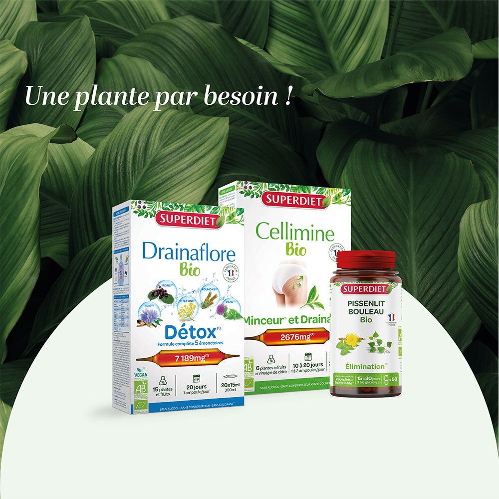 Produktabbildung mit SUPERDIET Produkten: Drainaflore Bio, Cellimine Bio und Pissenlit Bouleau Bio.