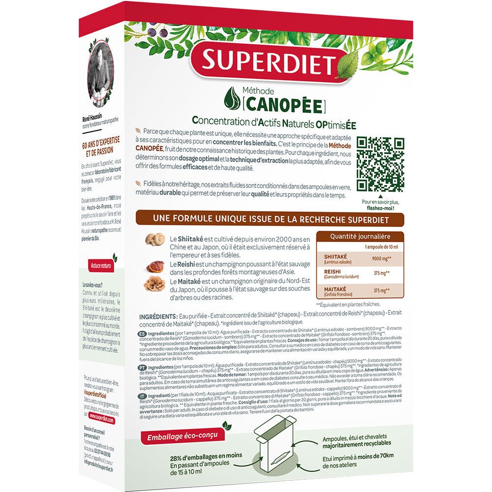 Dos de la boîte SUPERDIET Shiitake Reishi Maitake Bio. Texte sur ingrédients, dosage et recherche.