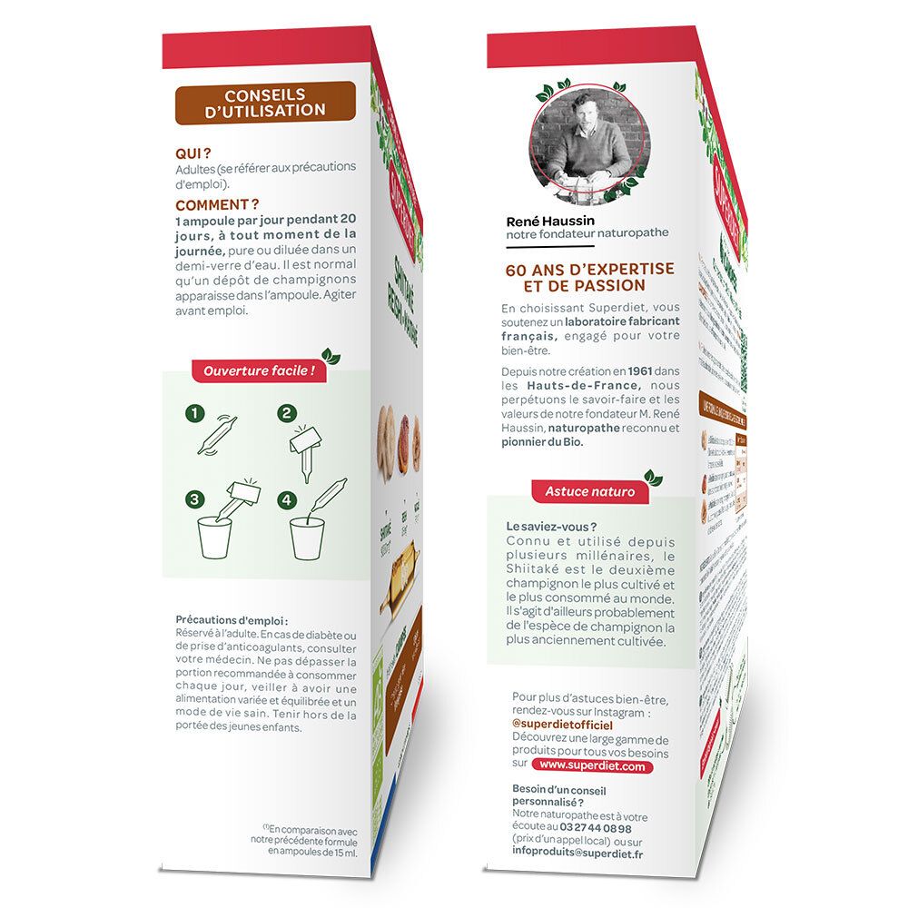 Vue latérale de la boîte SUPERDIET Shiitake Reishi Maitake Bio. Instructions d'utilisation et informations.