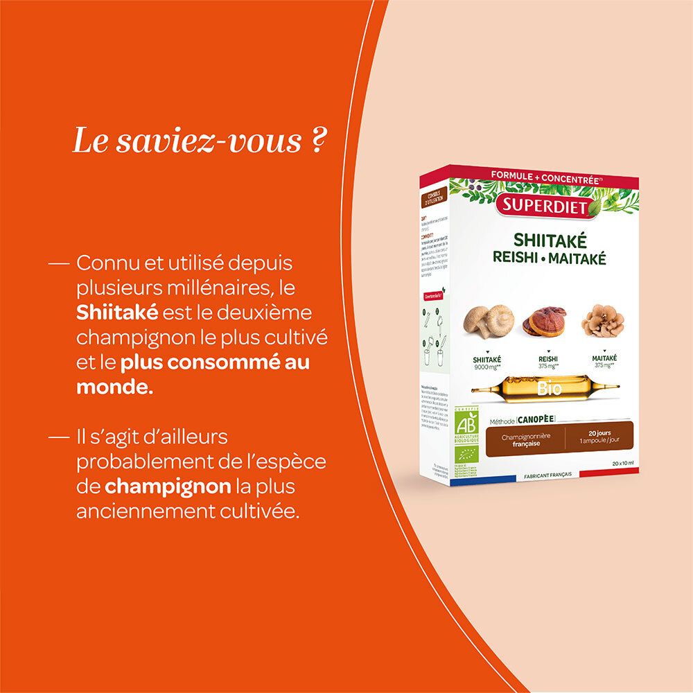 Publicité pour SUPERDIET Shiitake Reishi Maitake Bio. Texte sur les champignons Shiitake et leur utilisation.